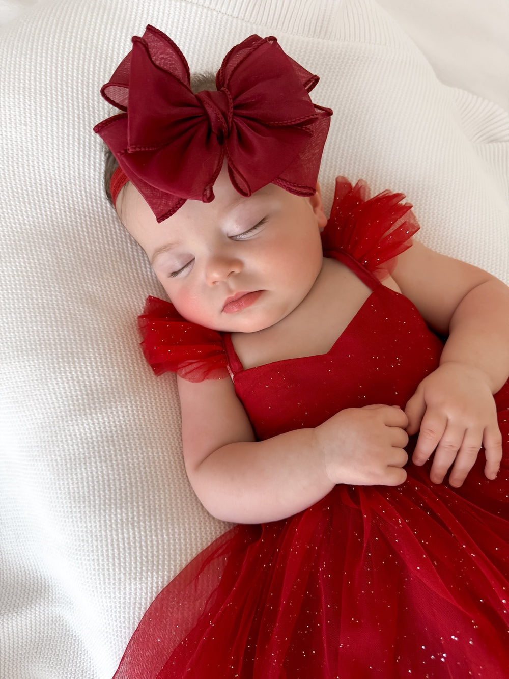 Burgundy Christmas Baby Headband – large burgundy bow on soft elastic band by A Little Lacey