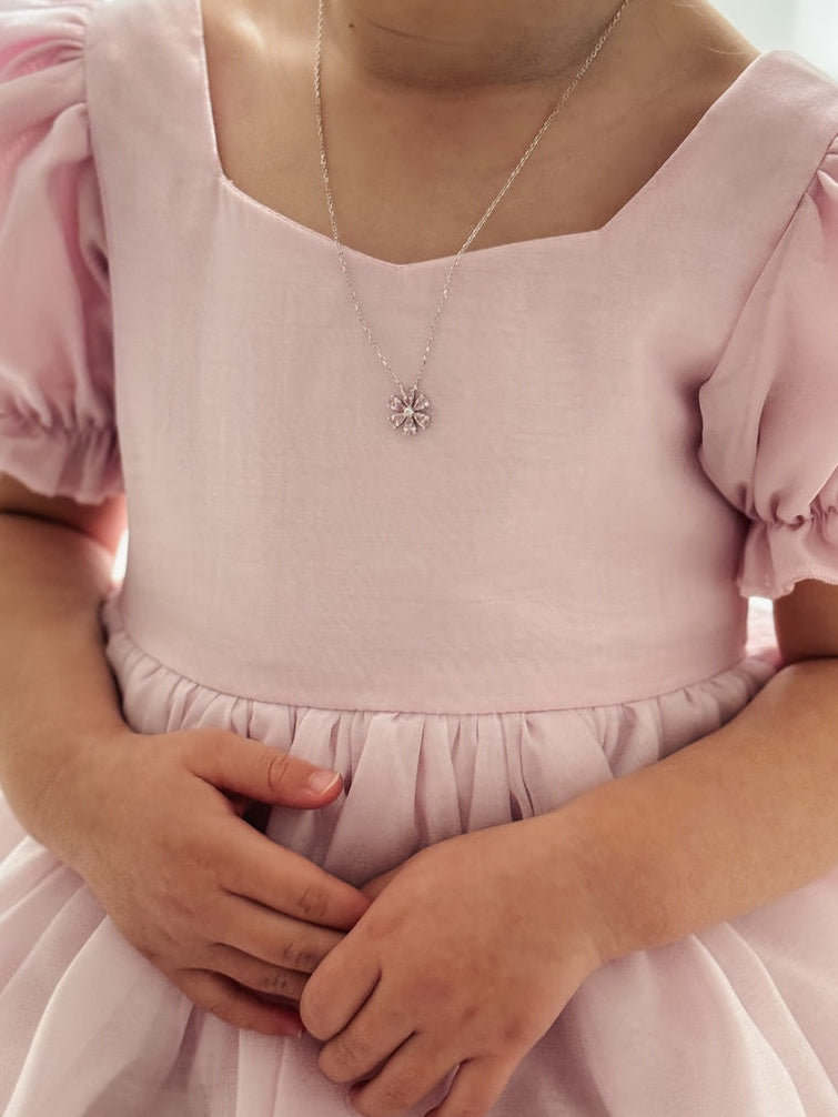 Blush Bloom girls silver necklace with pink diamante flower charm