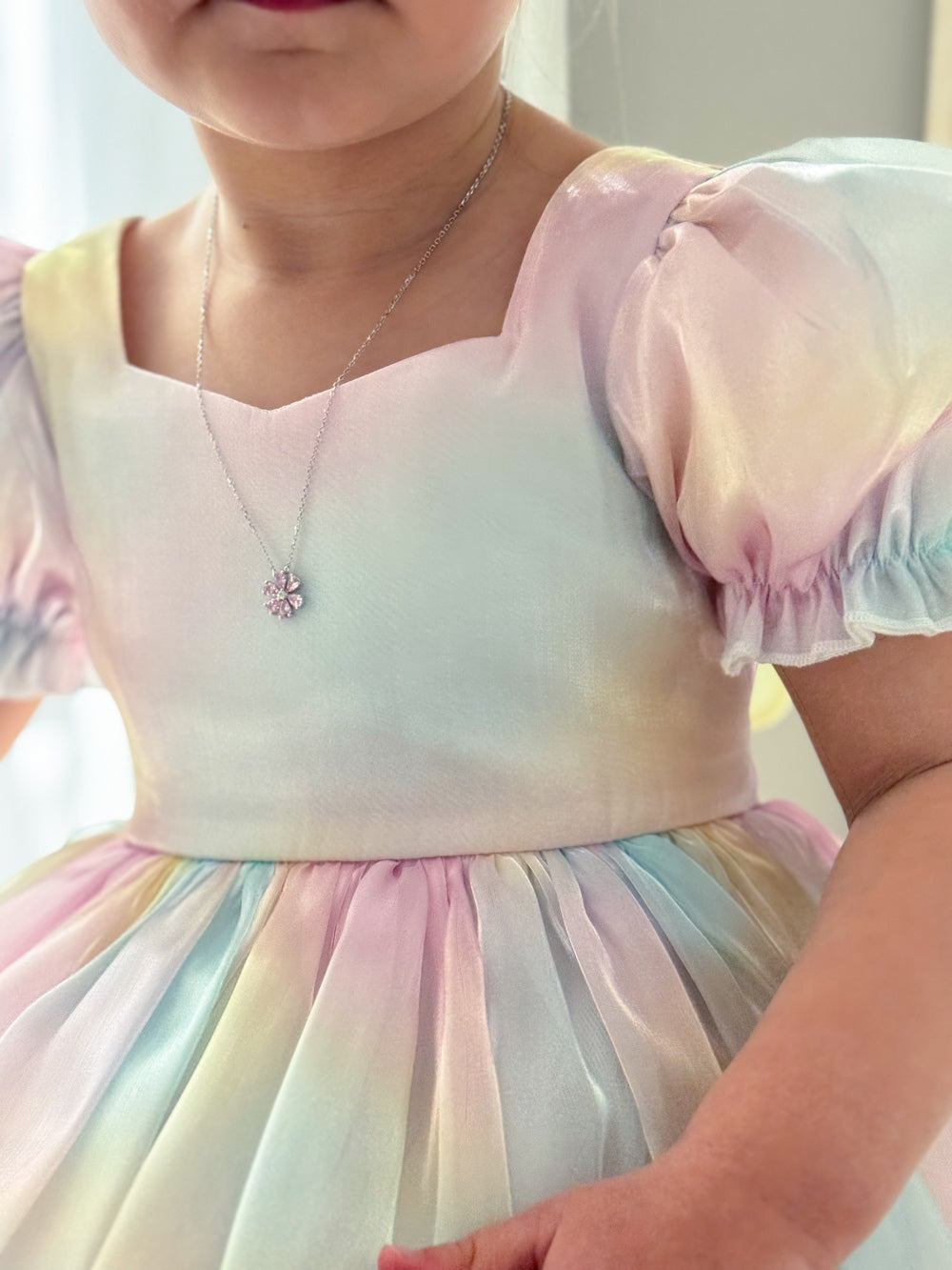 Adjustable silver chain with pink flower pendant - girls necklace