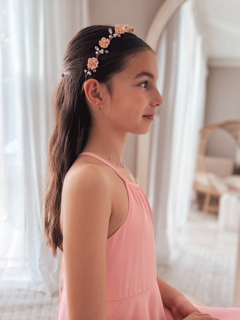 Blush Meadow Girls Headpiece - Tiaras and HeadpiecesBlush Meadow Girls Headpiece – dusty pink porcelain flowers, pearls & diamantes by A Little Lacey