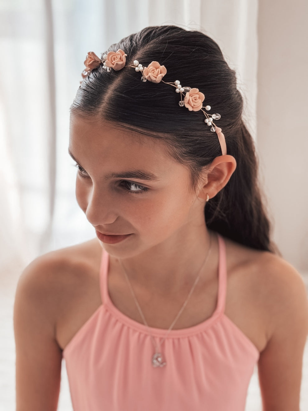 Side view of Blush Meadow Girls Headpiece – dusty pink ribbon and floral embellishments