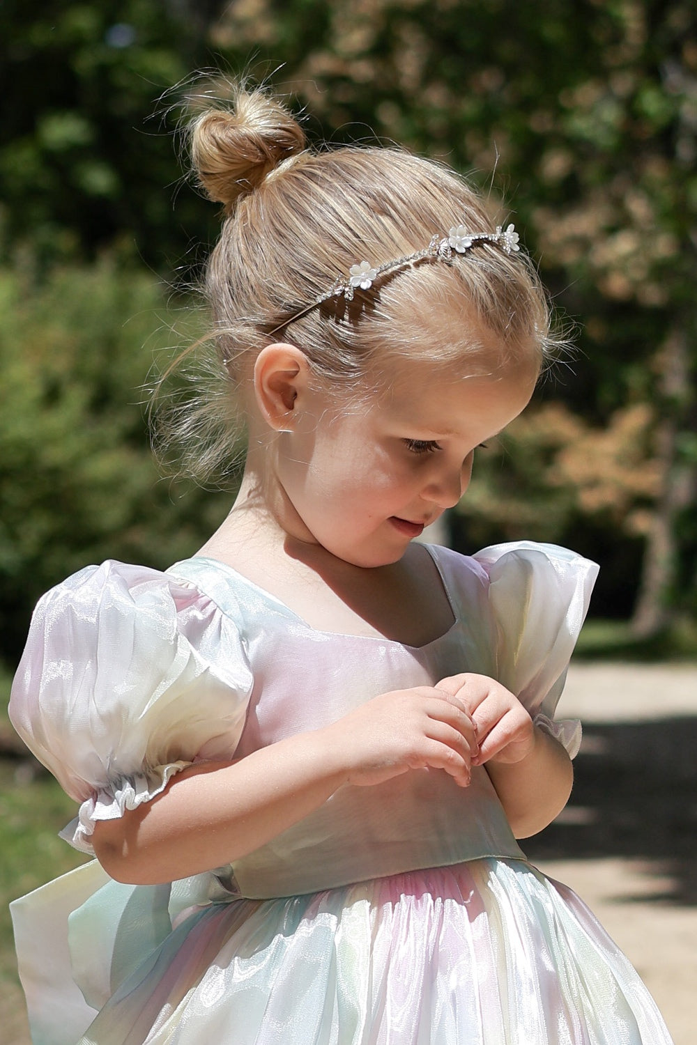 Gold headpiece with butterflies and white florals for weddings