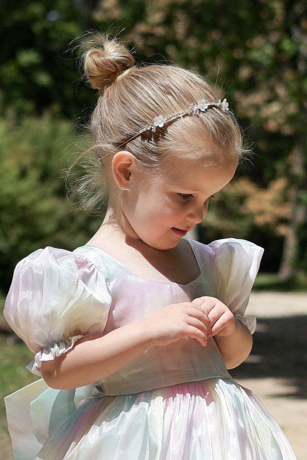 Gold headpiece with butterflies and white florals for weddings