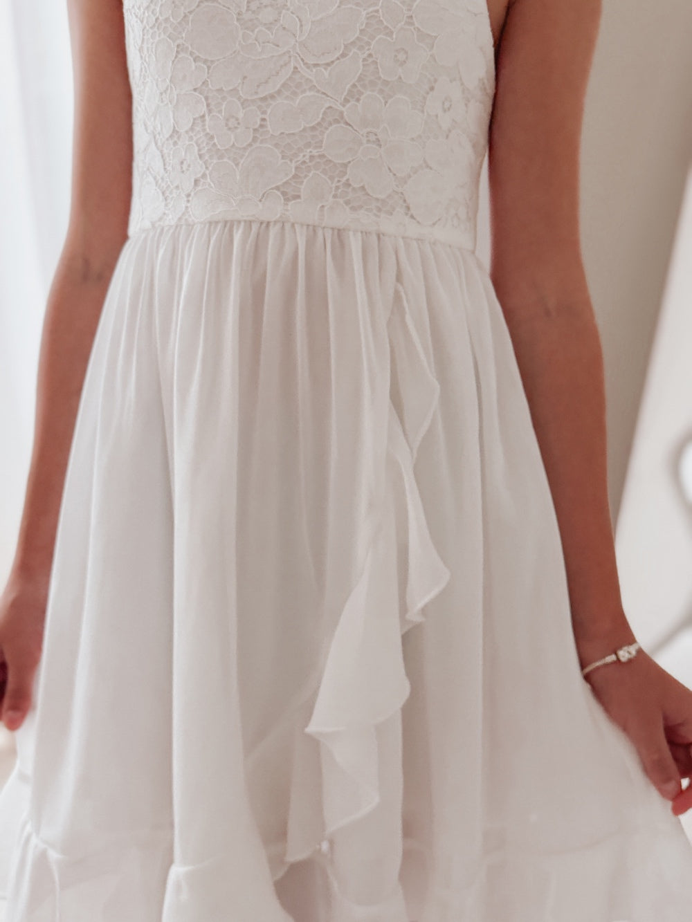 Girls sleeveless white lace occasion dress