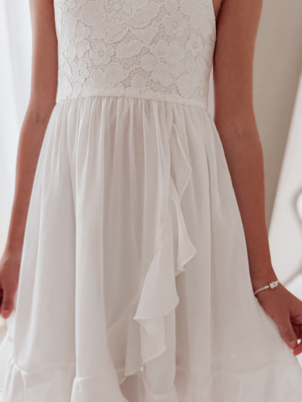 Girls sleeveless white lace occasion dress
