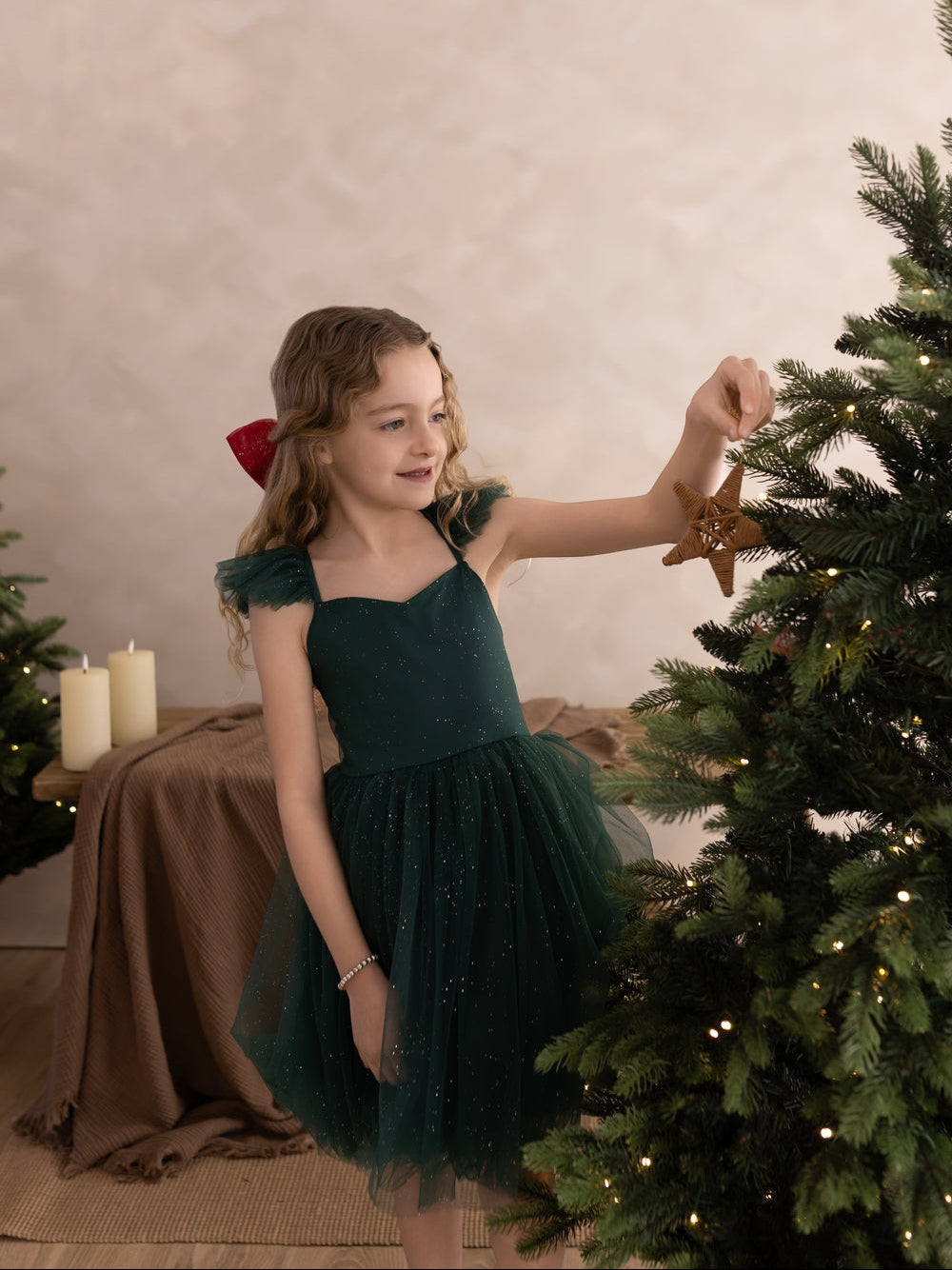 Green Christmas dress for girls with shimmer finish