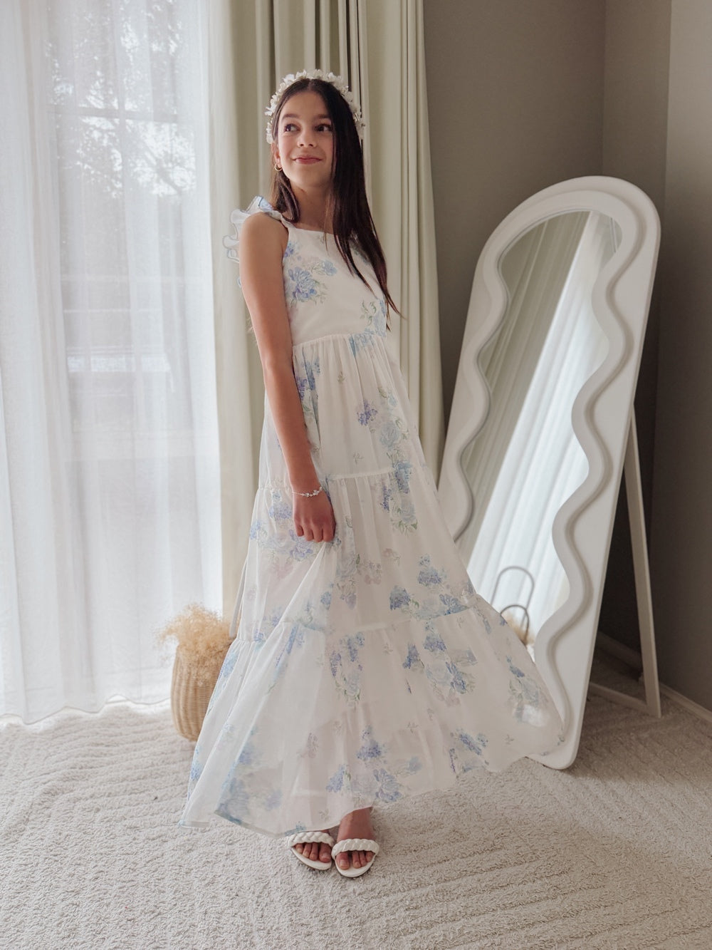 Girls pastel floral graduation dress with shirred back