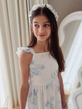 Girls white and blue floral dress with tiered maxi skirt