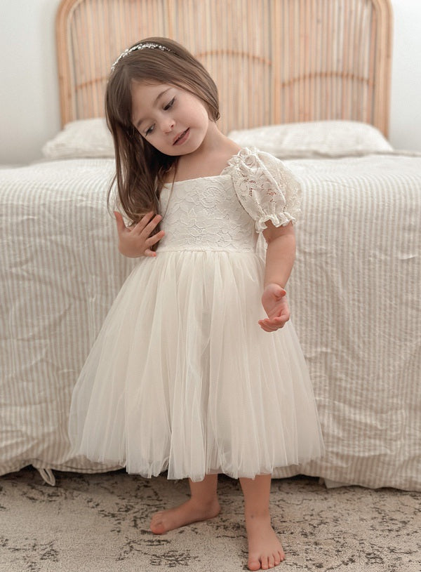 Callista Puff Sleeve Ivory Dress - Luxe Dresses