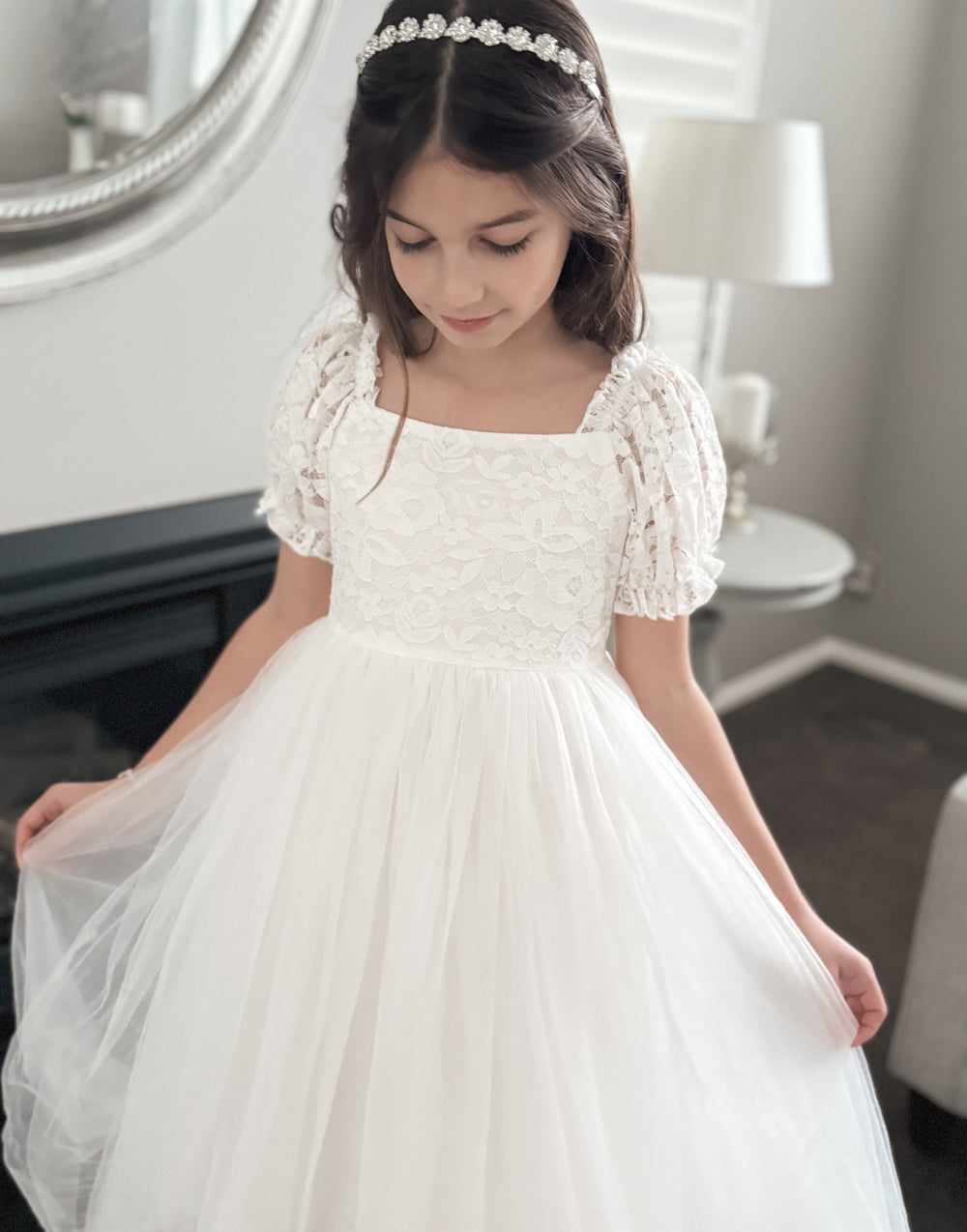 Callista Puff Sleeve White Dress - Baptism Dresses