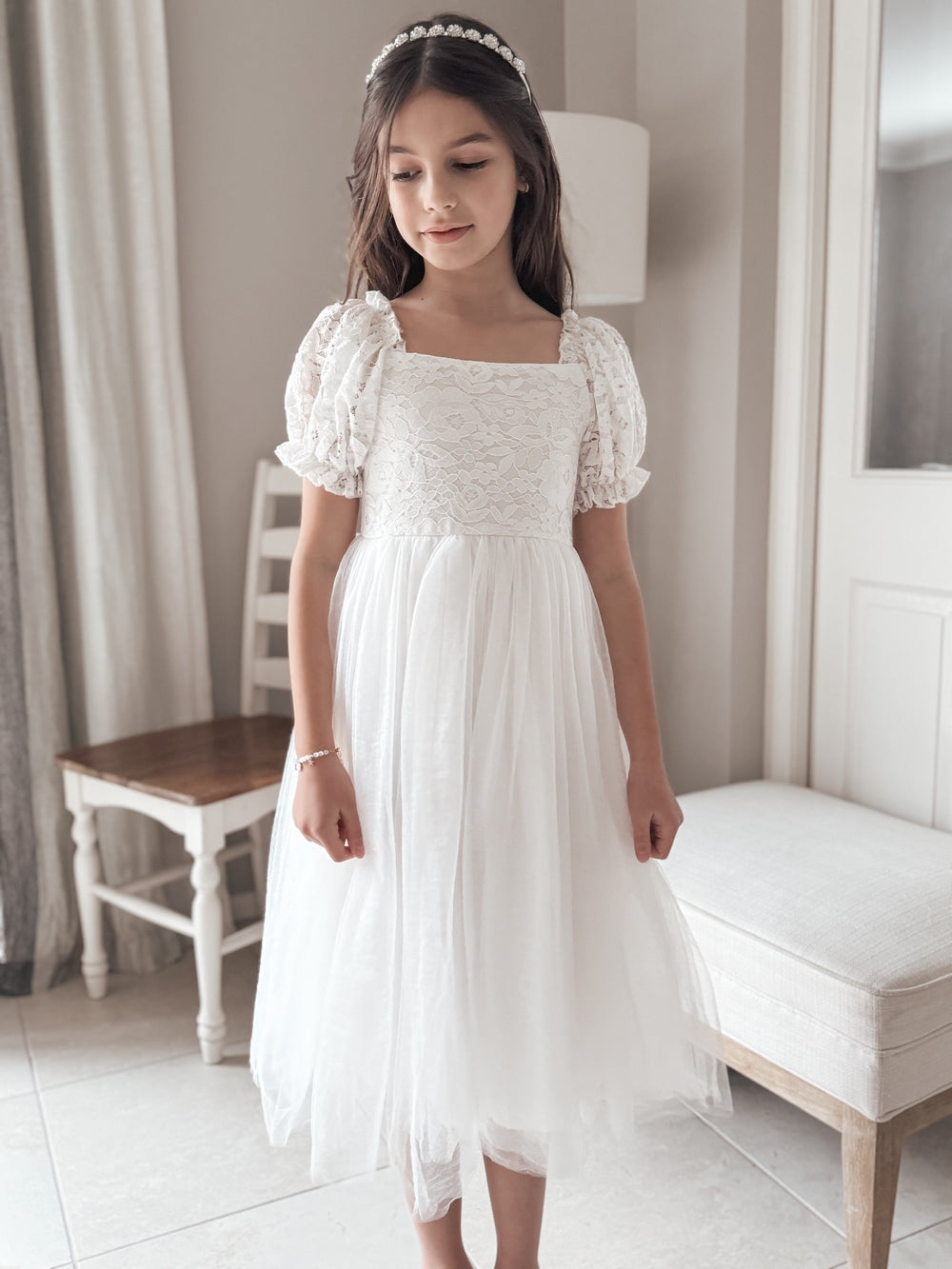 Callista Puff Sleeve White Dress - Baptism Dresses