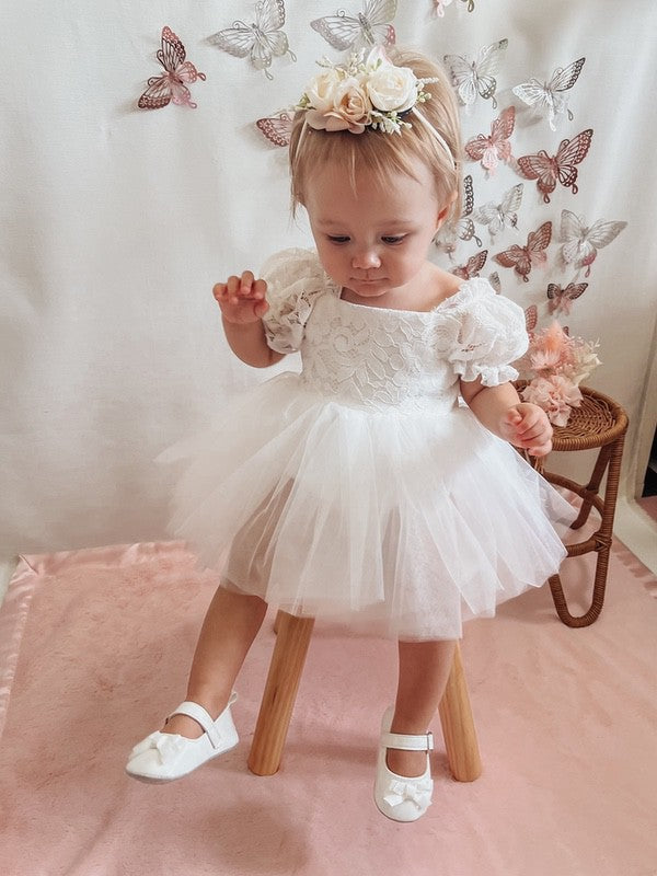 Callista Puff Sleeve White Baby Dress - Baby Dresses