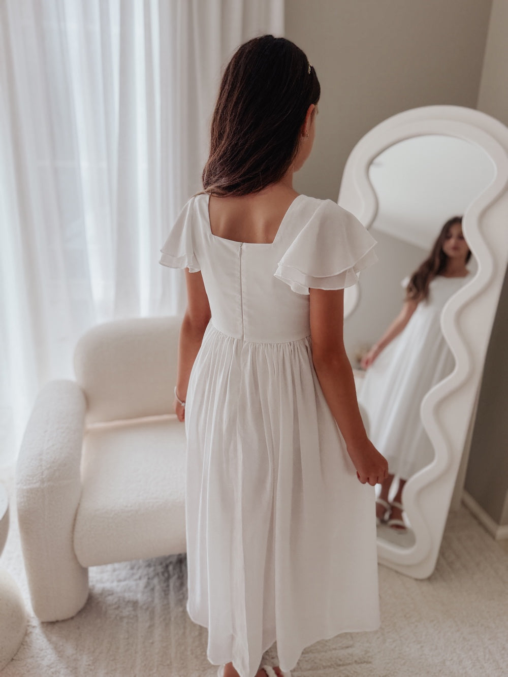 white flower girl dress for girls with flowing skirt