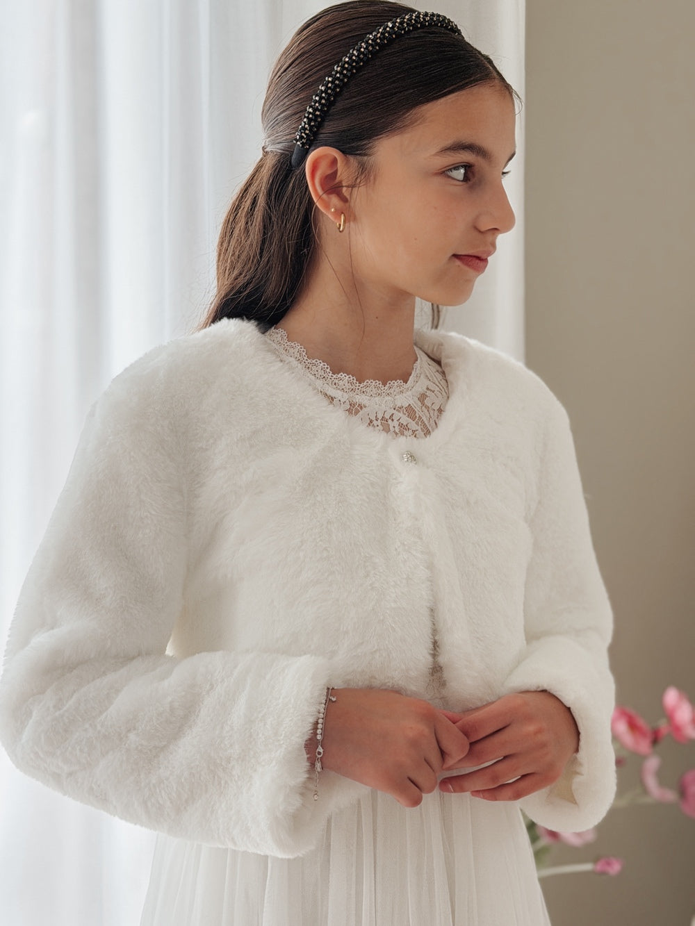 communion white fluffy jacket girls