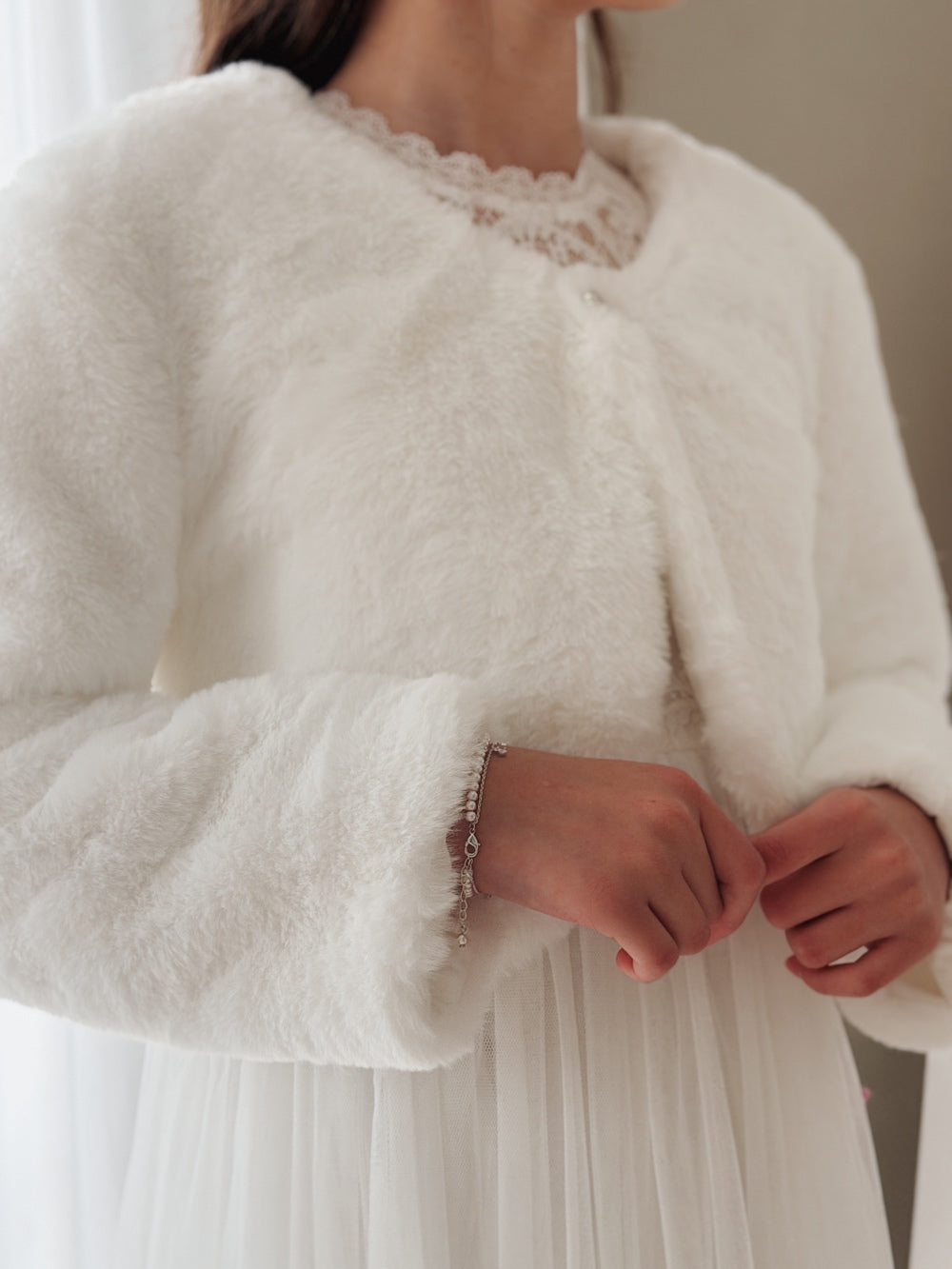 white fluffy jacket girls formal outfit faux fur