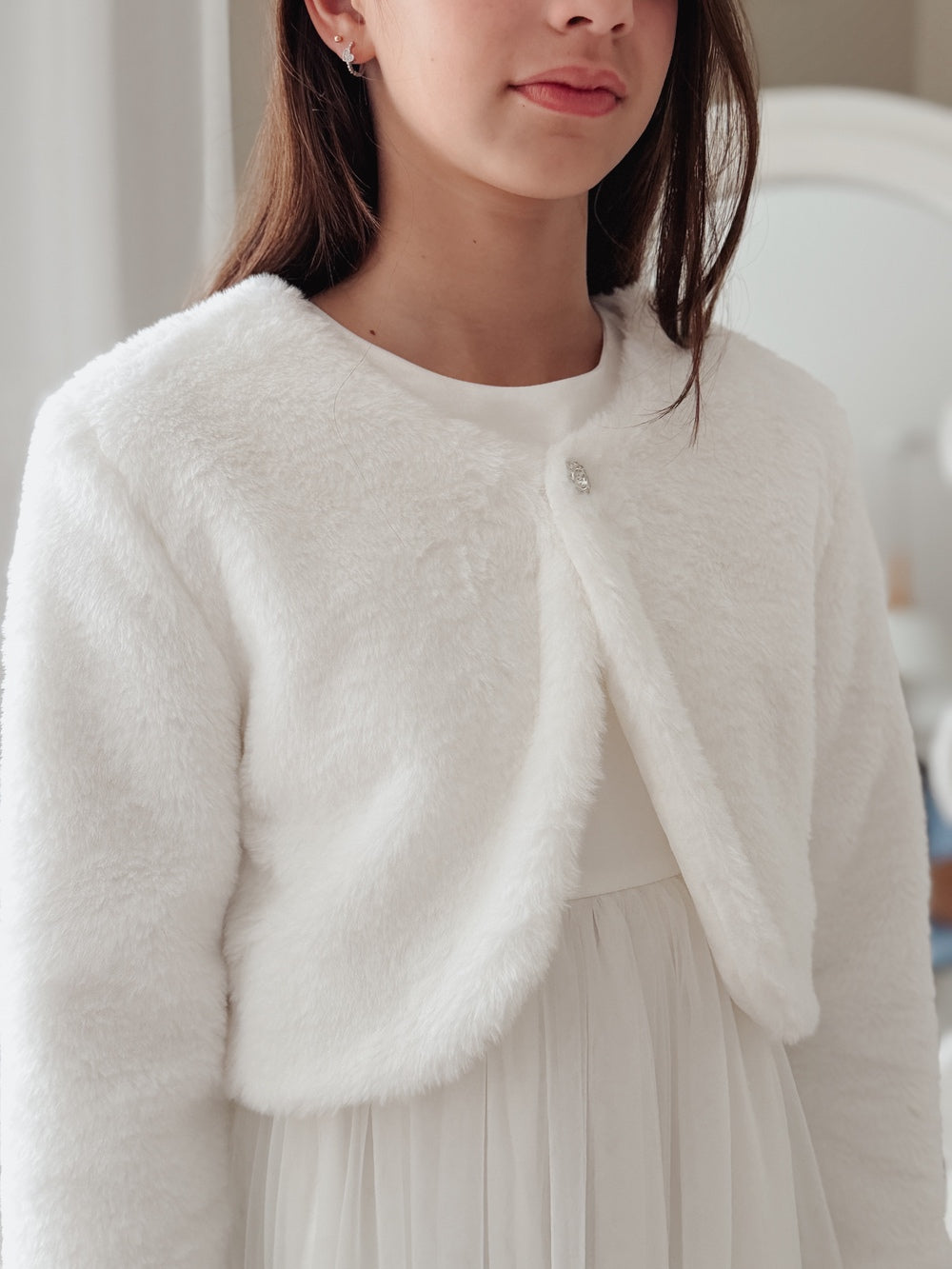 white faux fur jacket for communion