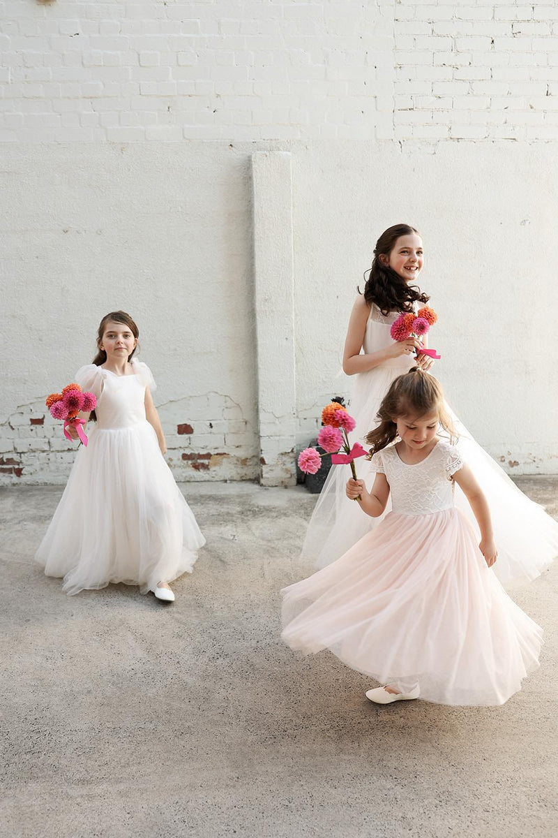 Celeste Girls Dress - White & Peach - A Little Lacey