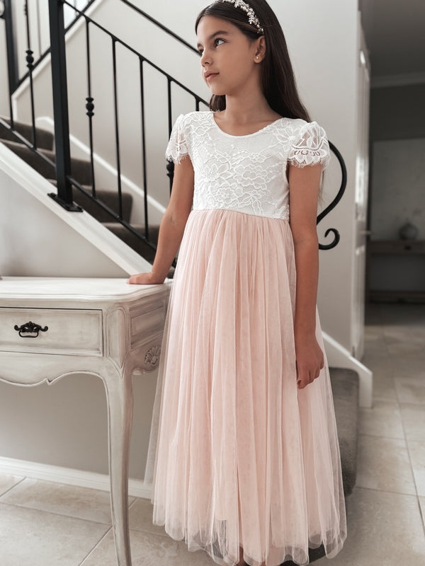 Celeste Girls Dress - White & Peach A Little Lacey Celeste Girls Dress - White & Peach A Little Lacey