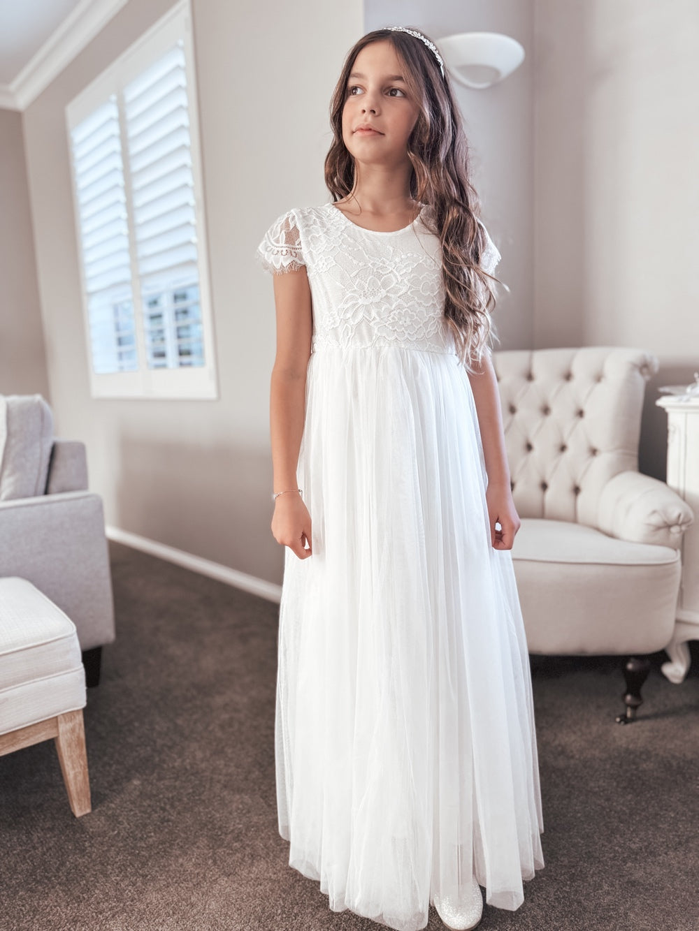 Celeste Girls White Lace & Tulle Dress - BestsellersWhite first communion dress - front 