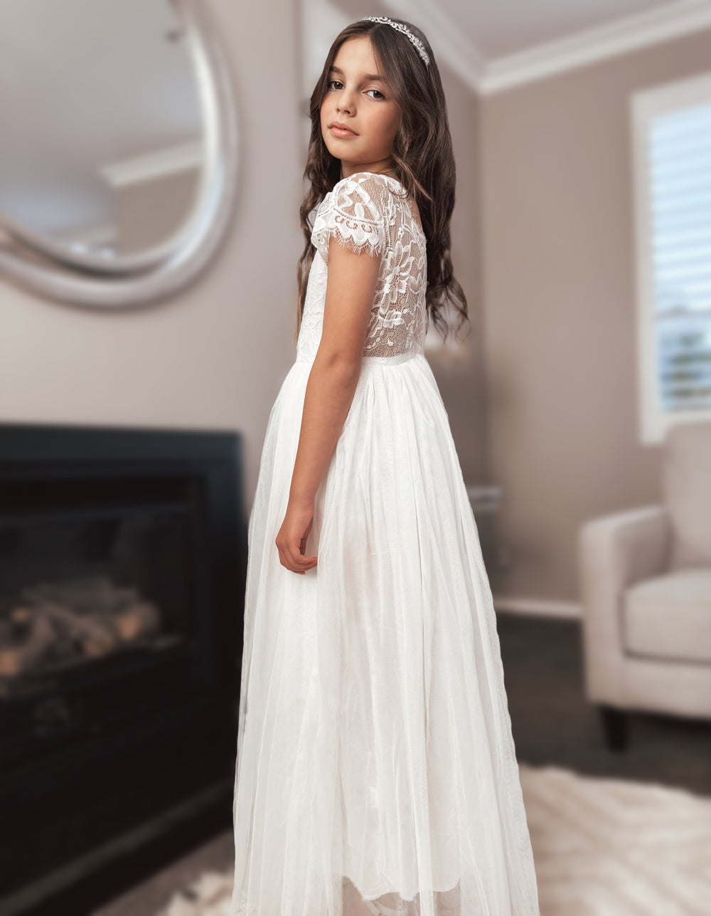 Celeste Girls White Lace & Tulle Dress - Flower Girl DressesWhite first communion dress - lace