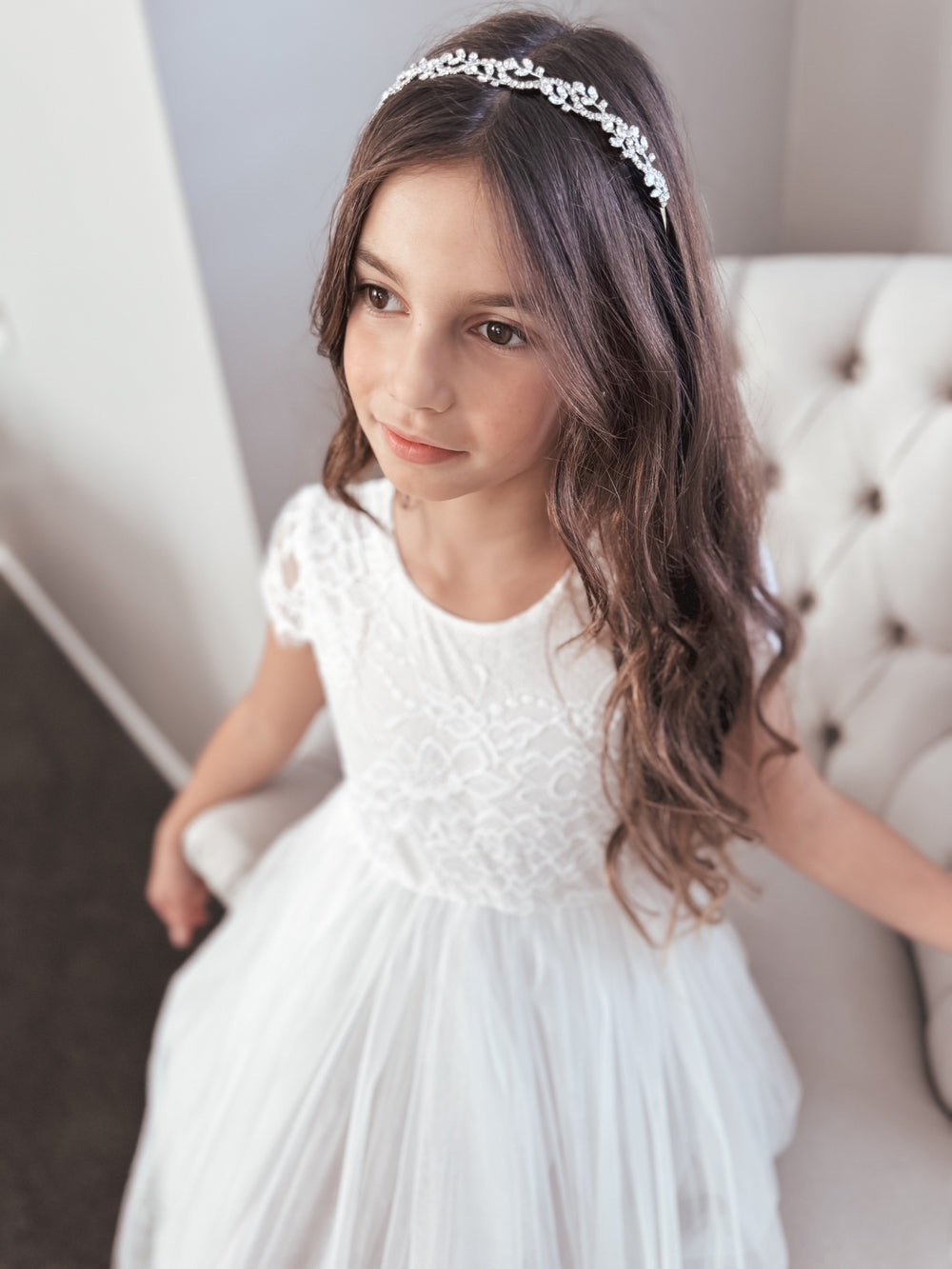 White first communion dress - sitting with headpiece