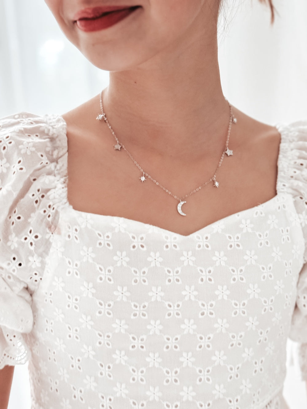 Celestial Dreams Girls Silver Necklace - All ProductsGirls silver necklace with crescent moon and star charms