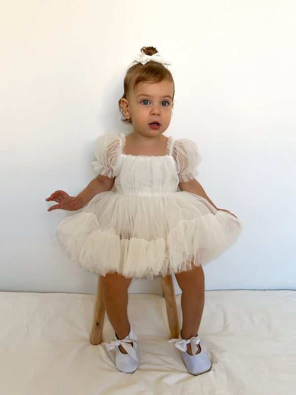 Charlotte Ivory Puff Sleeve Romper - Baby Dresses