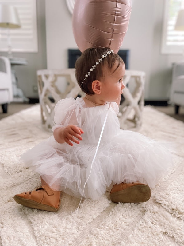 Charlotte White Puff Sleeve Romper - Baby Dresses