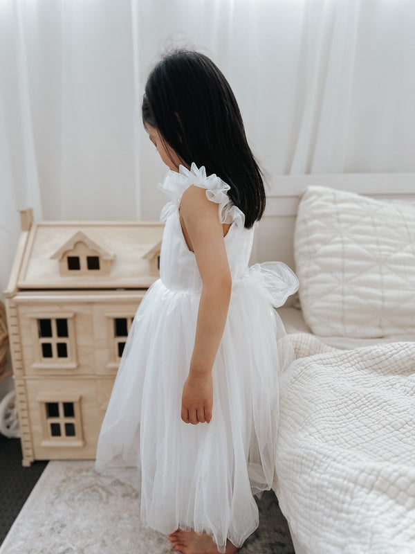 Chloe White Flutter Sleeve Dress - Girls White Dresses