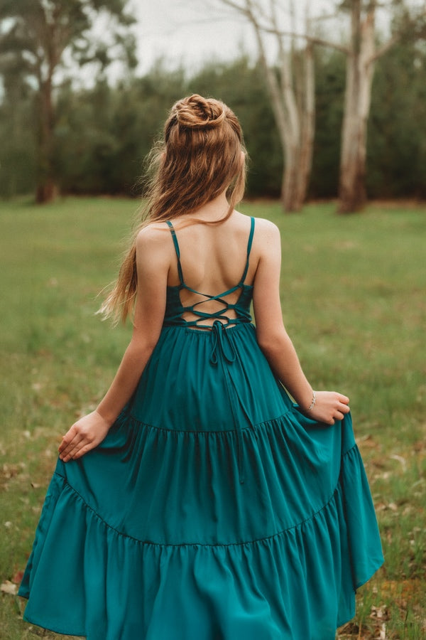 Clara Chiffon Girls Maxi Dress Teal Green – A Little Lacey