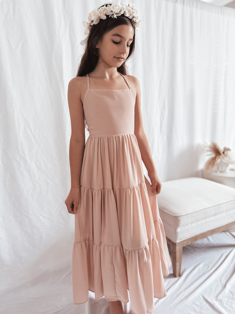 Clara Chiffon Girls Maxi Dress Blush Pink - A Little Lacey