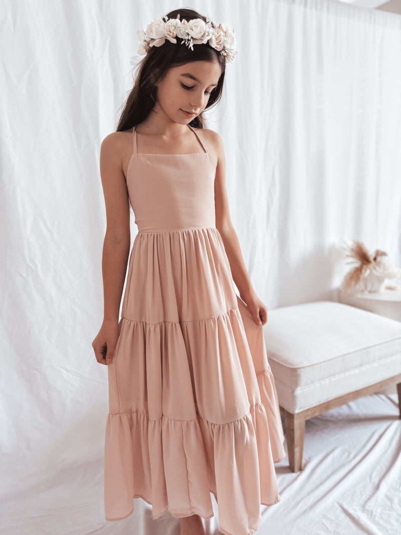 Clara Chiffon Girls Maxi Dress Blush Pink - A Little Lacey