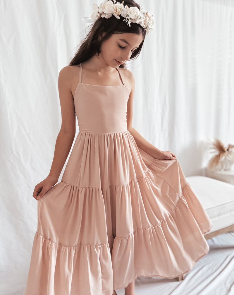 Clara Chiffon Girls Maxi Dress Blush Pink - A Little Lacey