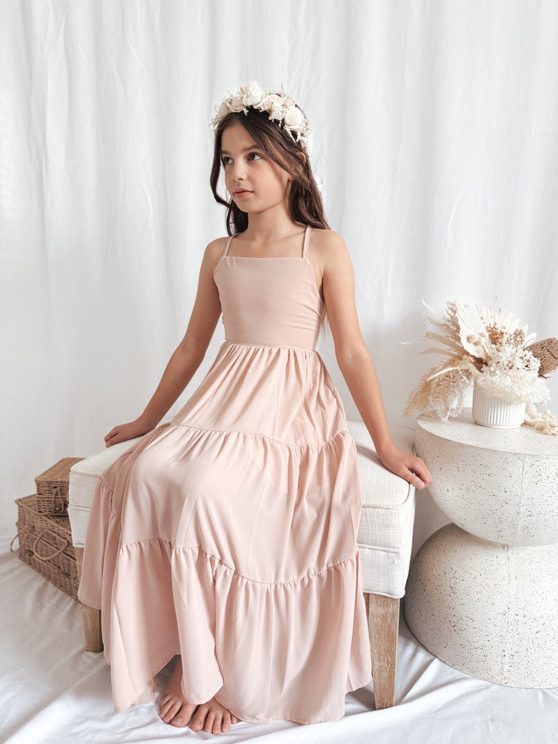 Clara Chiffon Girls Maxi Dress Blush Pink - A Little Lacey