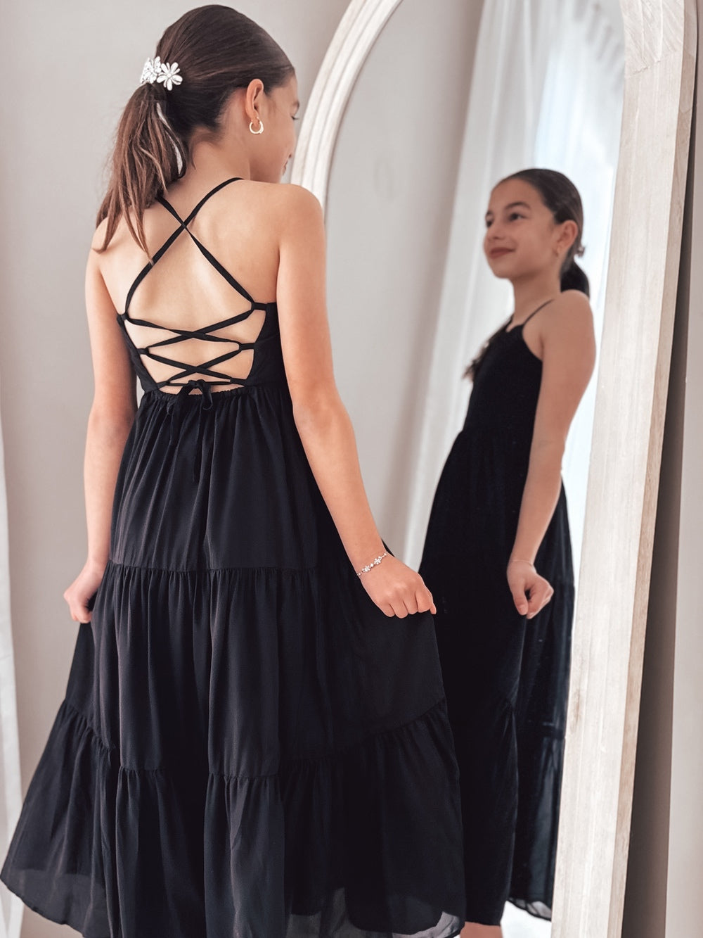 Clara Chiffon Girls Maxi Dress Black - Tween Girls DressesClara black dress with cross tie-back and elastic waist design