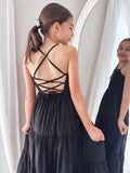 Primary graduation dress in black for girls with layered skirt and comfy back