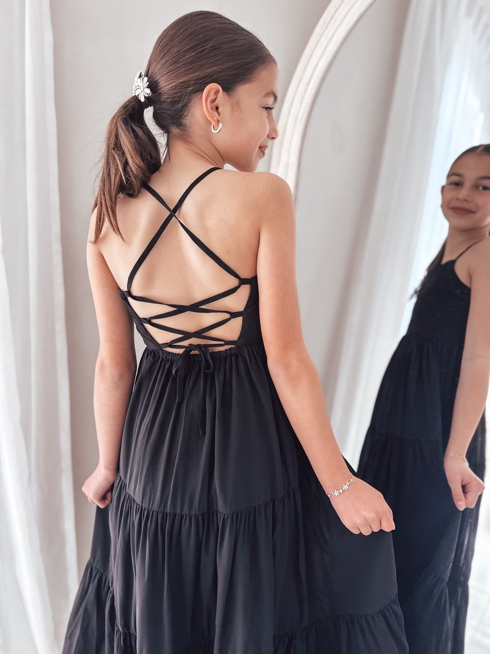 Primary graduation dress in black for girls with layered skirt and comfy back