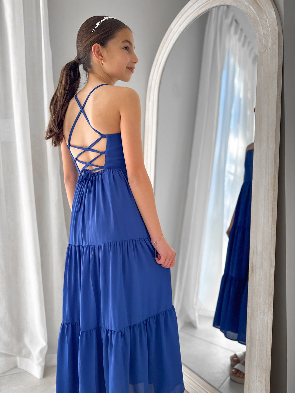 Clara Chiffon Girls Maxi Dress Sapphire Blue - Tween Girls DressesClara dress in blue with elastic waist and tie-up back for comfortable fit