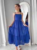 Maxi dress in sapphire blue with layered chiffon and soft silhouette