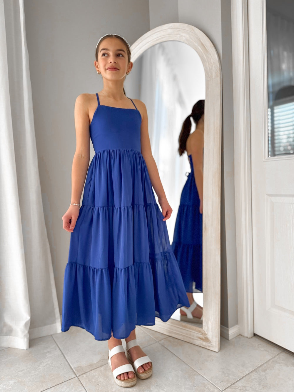 Clara Chiffon Girls Maxi Dress Sapphire Blue - Tween Girls DressesSpecial occasion dress in sapphire blue with full-length skirt for girls