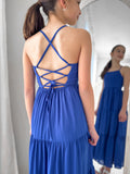 Adjustable cross tie-back on sapphire blue girls' maxi dress
