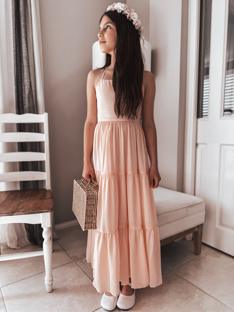 Clara Chiffon Girls Maxi Dress Peach - A Little Lacey