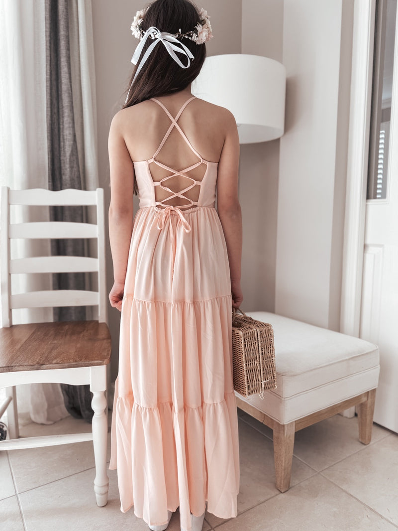 Clara Chiffon Girls Maxi Dress Peach - A Little Lacey