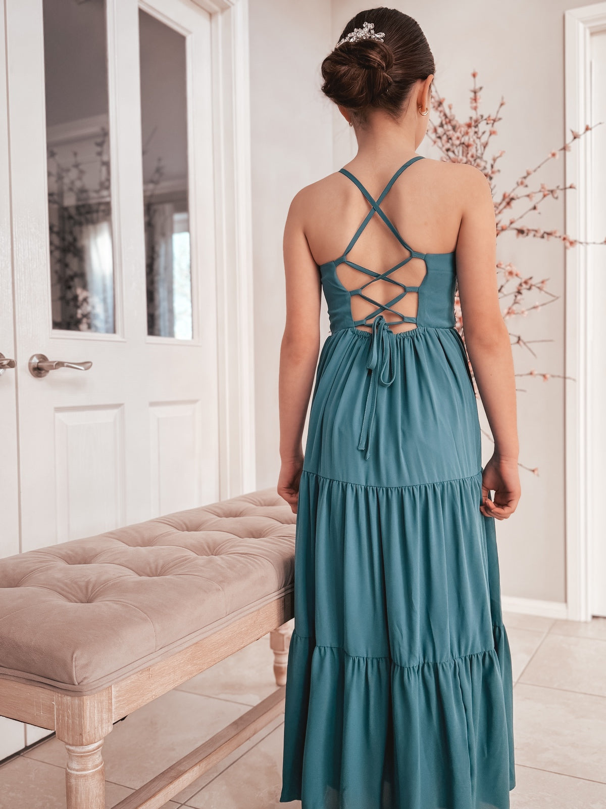 Clara Chiffon Girls Maxi Dress Teal Green A Little Lacey Clara Chiffon Girls Maxi Dress Teal Green A Little Lacey