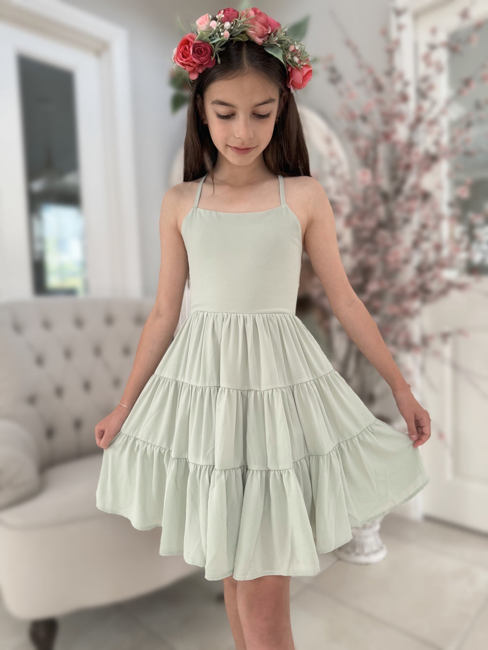 Phoebe Chiffon Girls Dress Sage Green