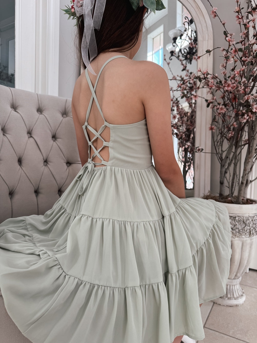 Phoebe Chiffon Girls Dress Sage Green