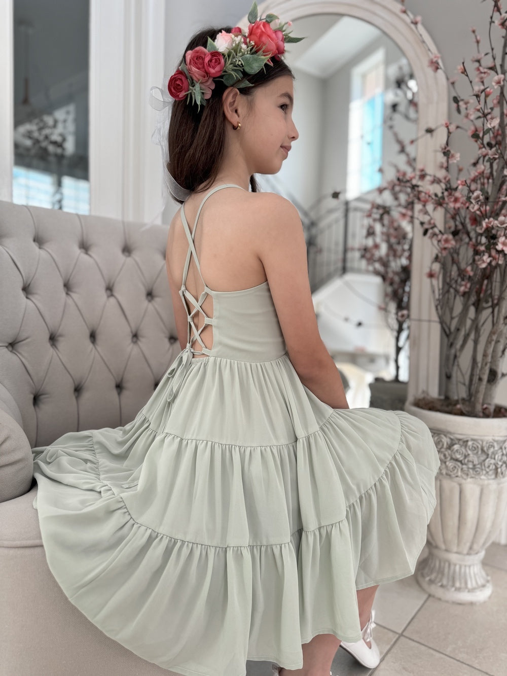 Phoebe Chiffon Girls Dress Sage Green