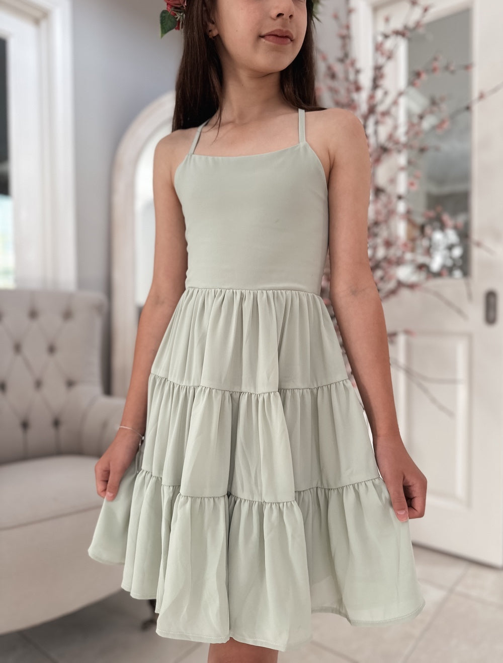 Phoebe Chiffon Girls Dress Sage Green