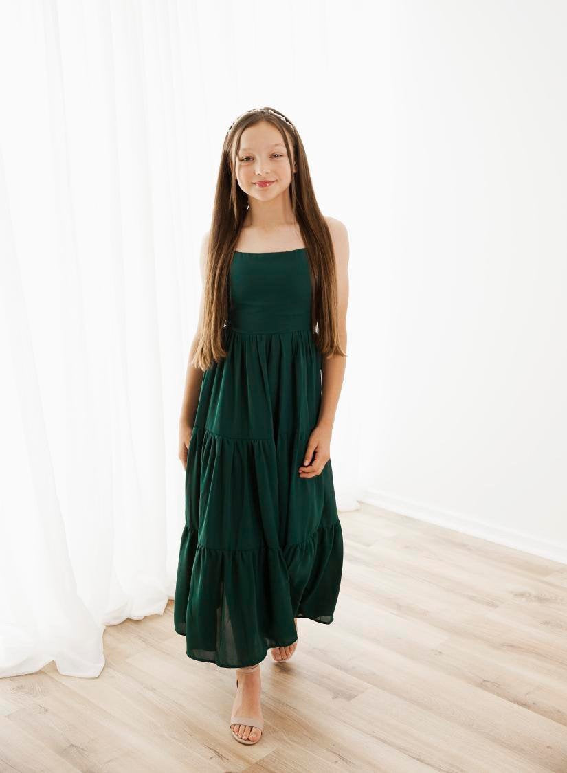 Clara Chiffon Girls Maxi Dress Forest Green - All Products