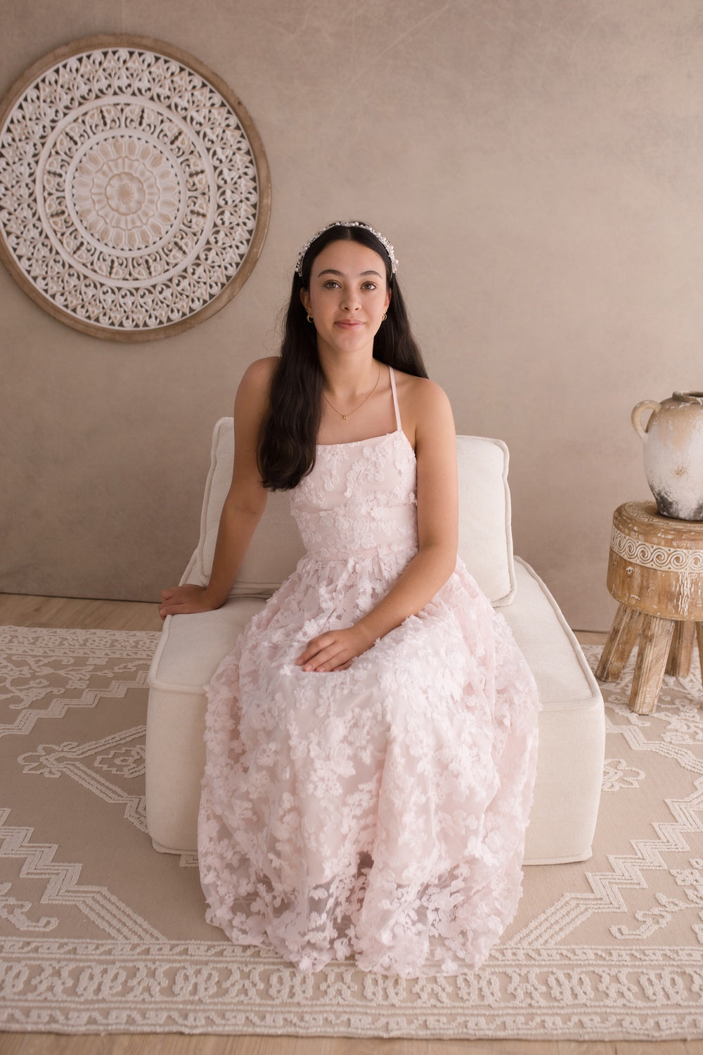 Clarissa girls light pink dress with 3D floral detailing